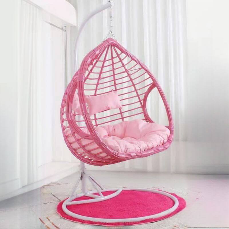 Two-seater metal porch swing egg chair with stand, cushions, and chain included