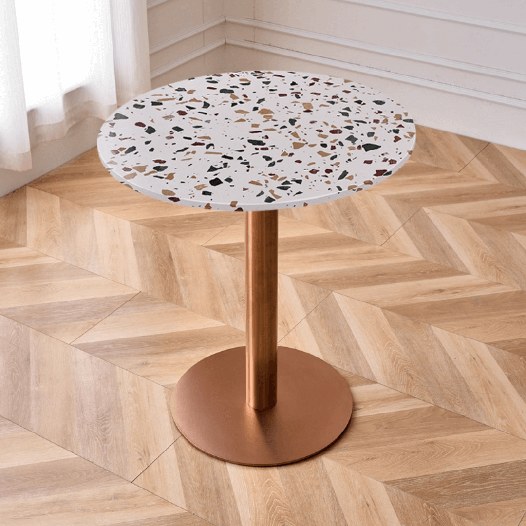Modern marble table with sturdy metal base, perfect for adding a timeless aesthetic to any space