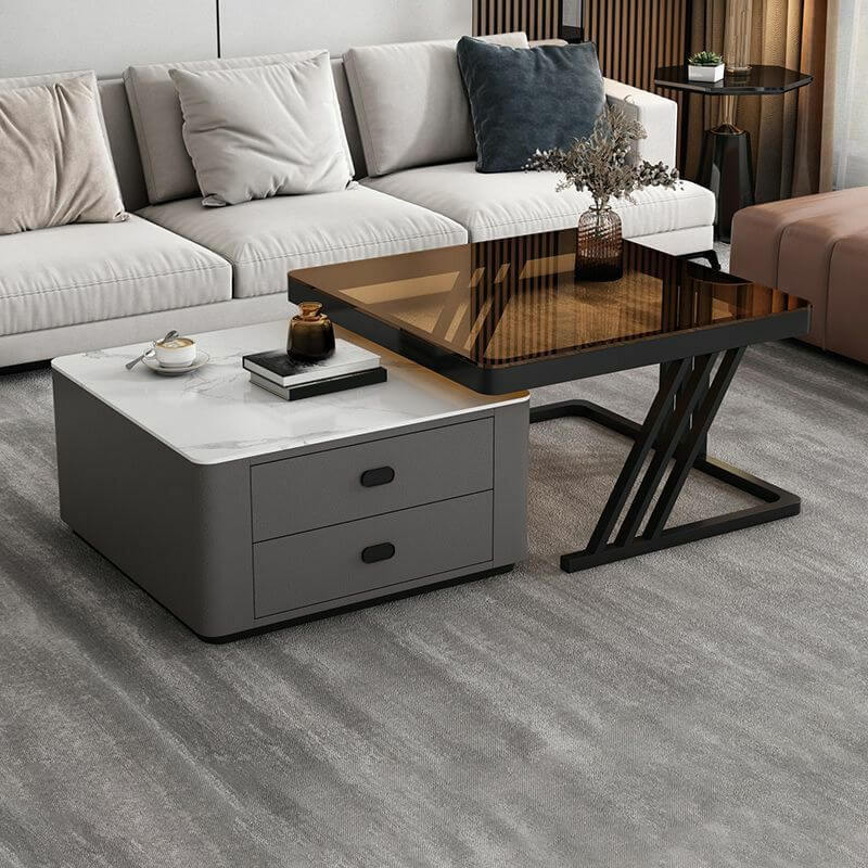 Modern square steel frame nesting coffee tables set with two pieces, including a small table