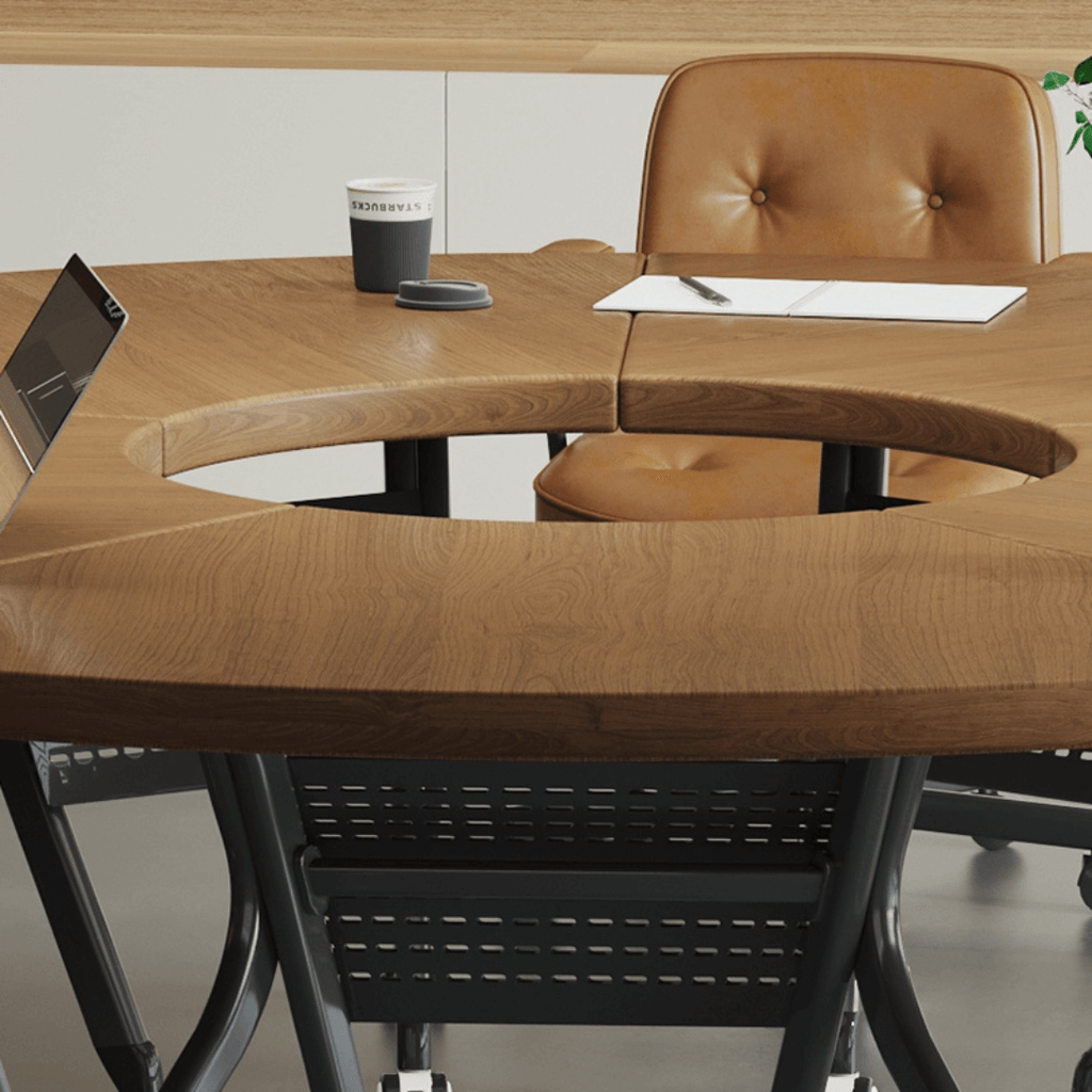Foldable conference table with modern curve design and comfortable mesh chairs for meetings