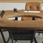 Foldable conference table with modern curve design and comfortable mesh chairs for meetings