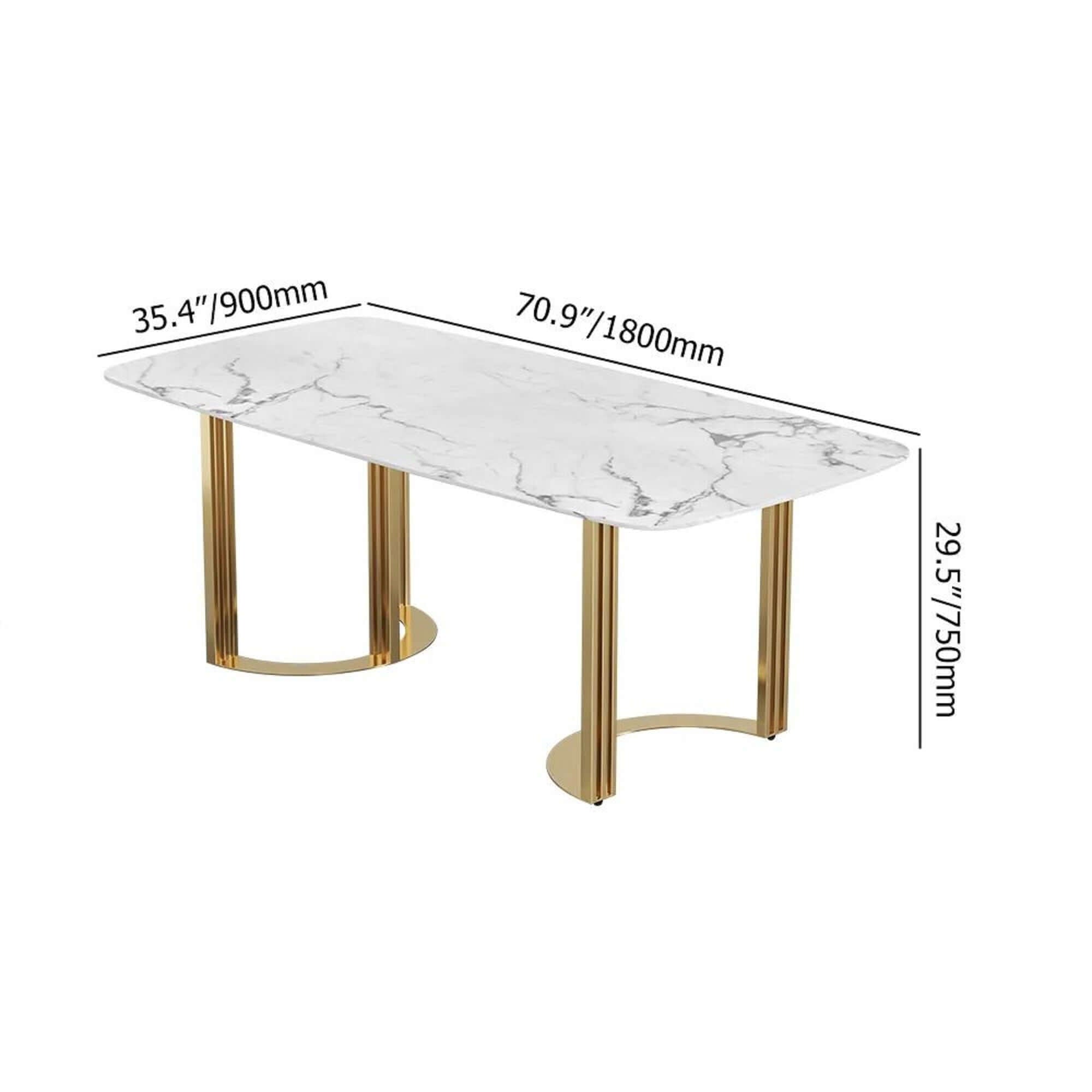Rectangular modern marble dining table with stainless steel base, 70.9 inches long