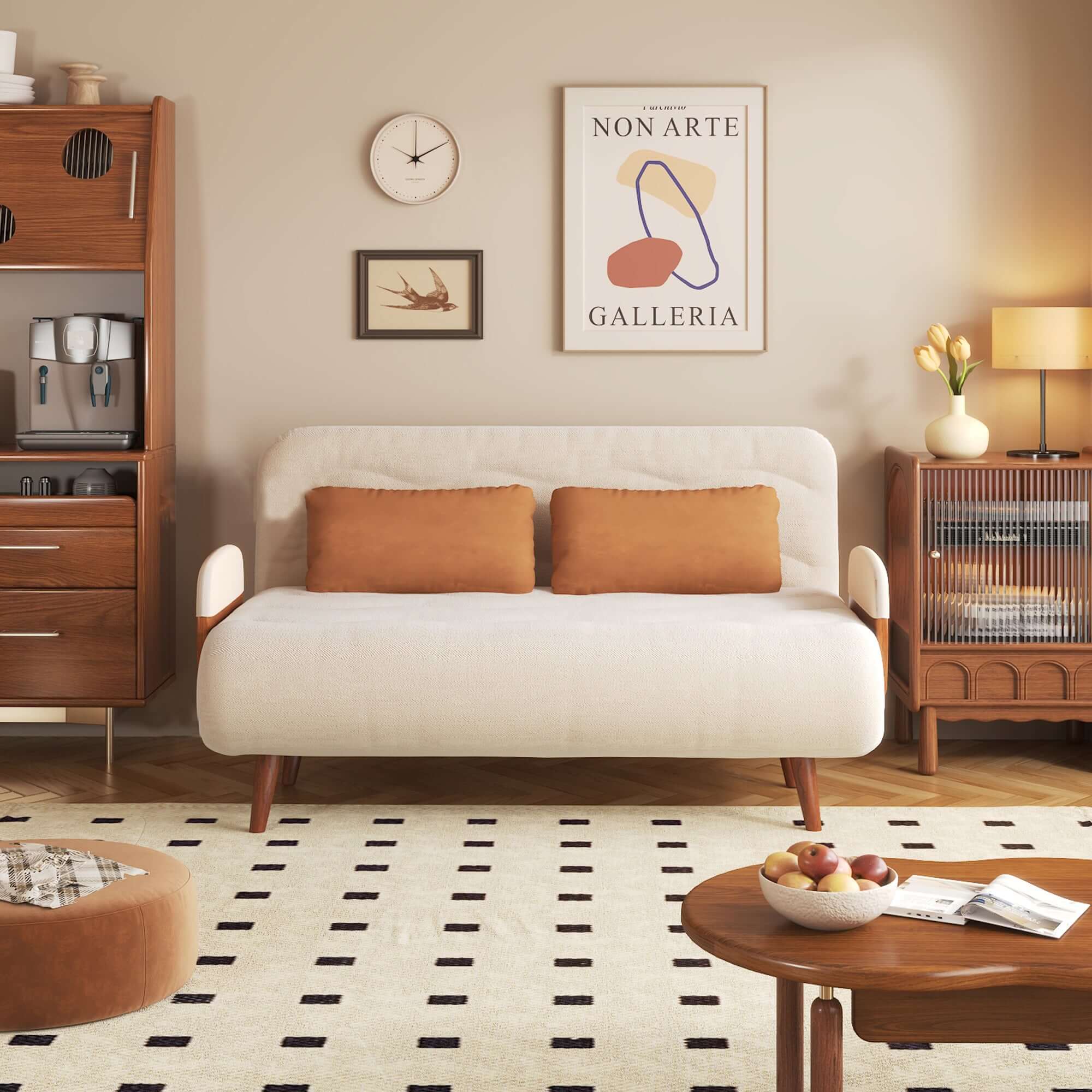 Beige 3-in-1 folding sofa bed with cotton and linen upholstery, convertible for versatile use