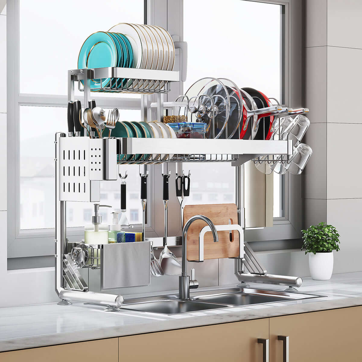 Large over-sink dish drying rack with multi-function organizer shelf for efficient kitchen storage