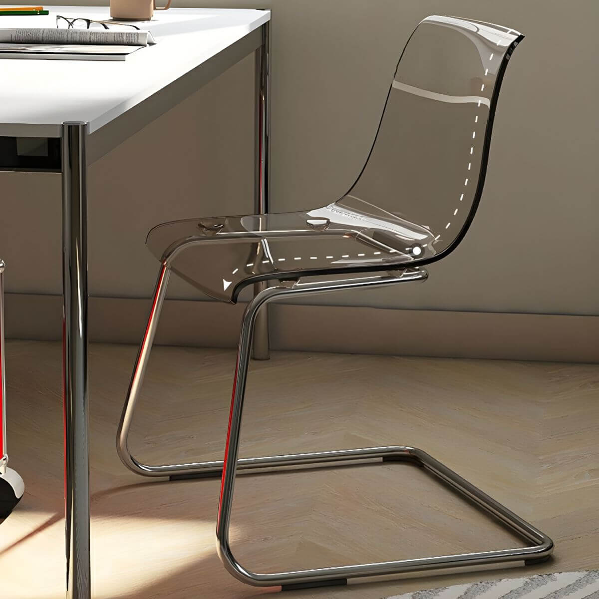 Scandinavian style plastic and acrylic dining side chair with silver legs, non-upholstered design