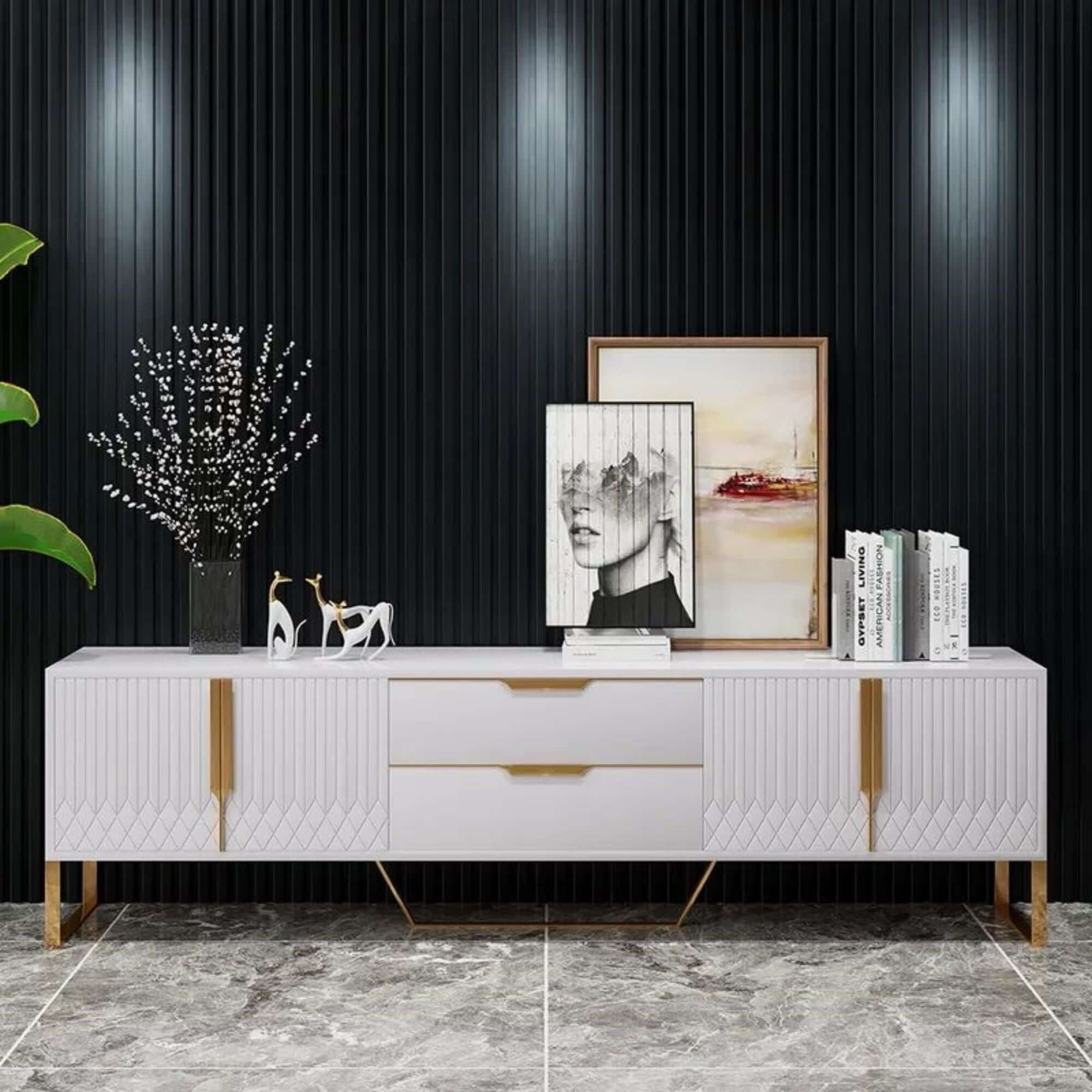 Modern TV stand with two drawers and cabinets for media storage