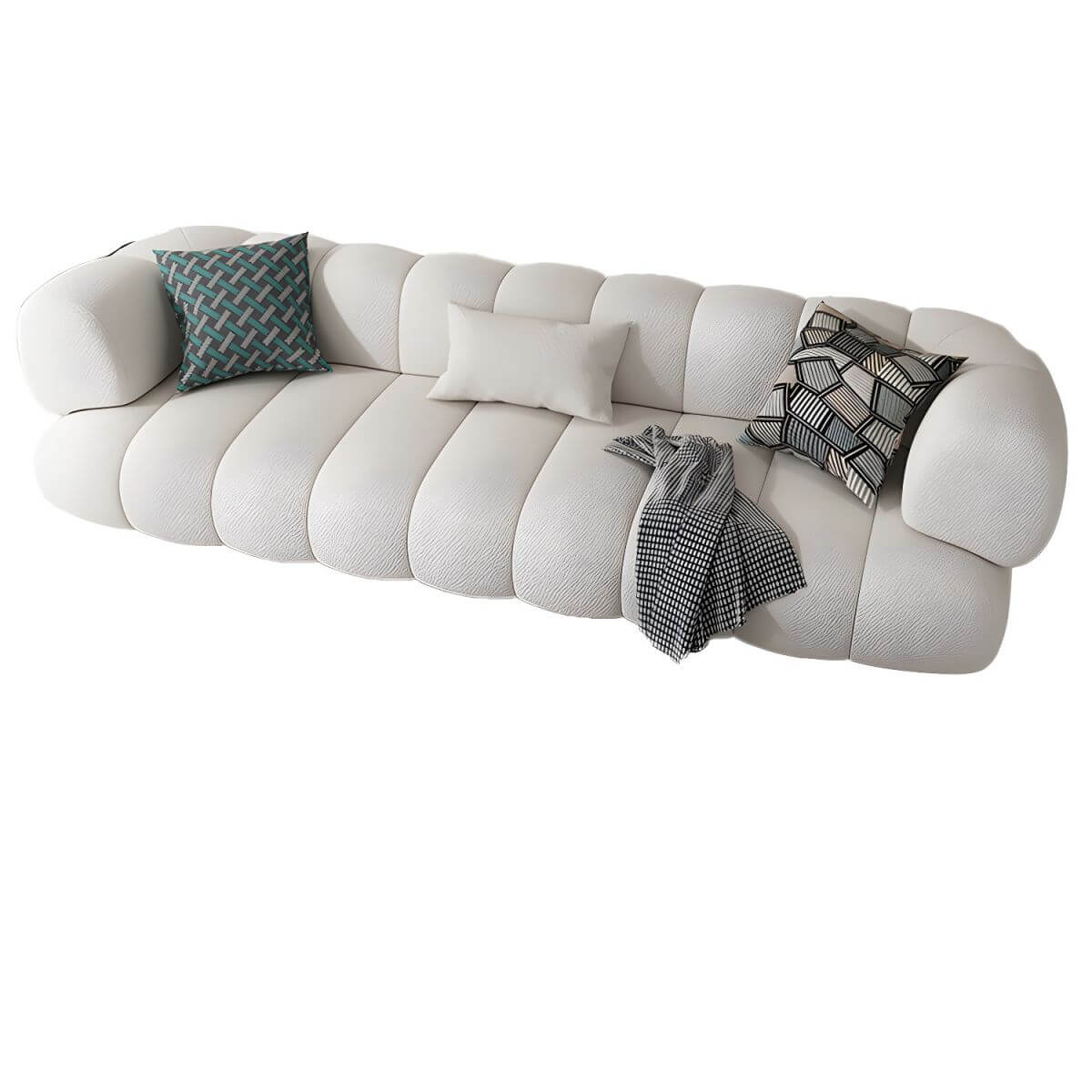 White Scandinavian fabric sofa with biscuit back and tuxedo arms