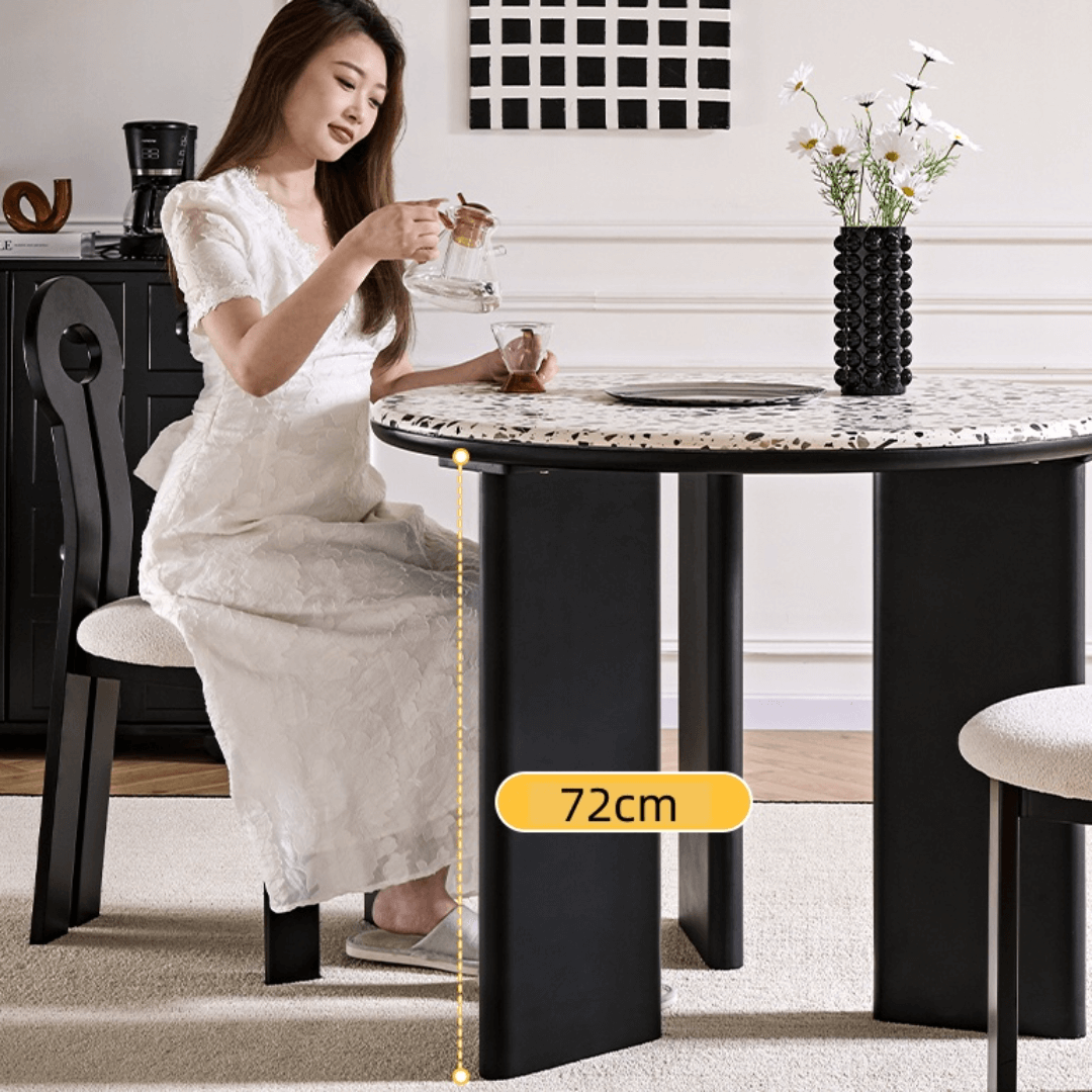 Round terrazzo table with easy-clean surface, perfect for small apartments