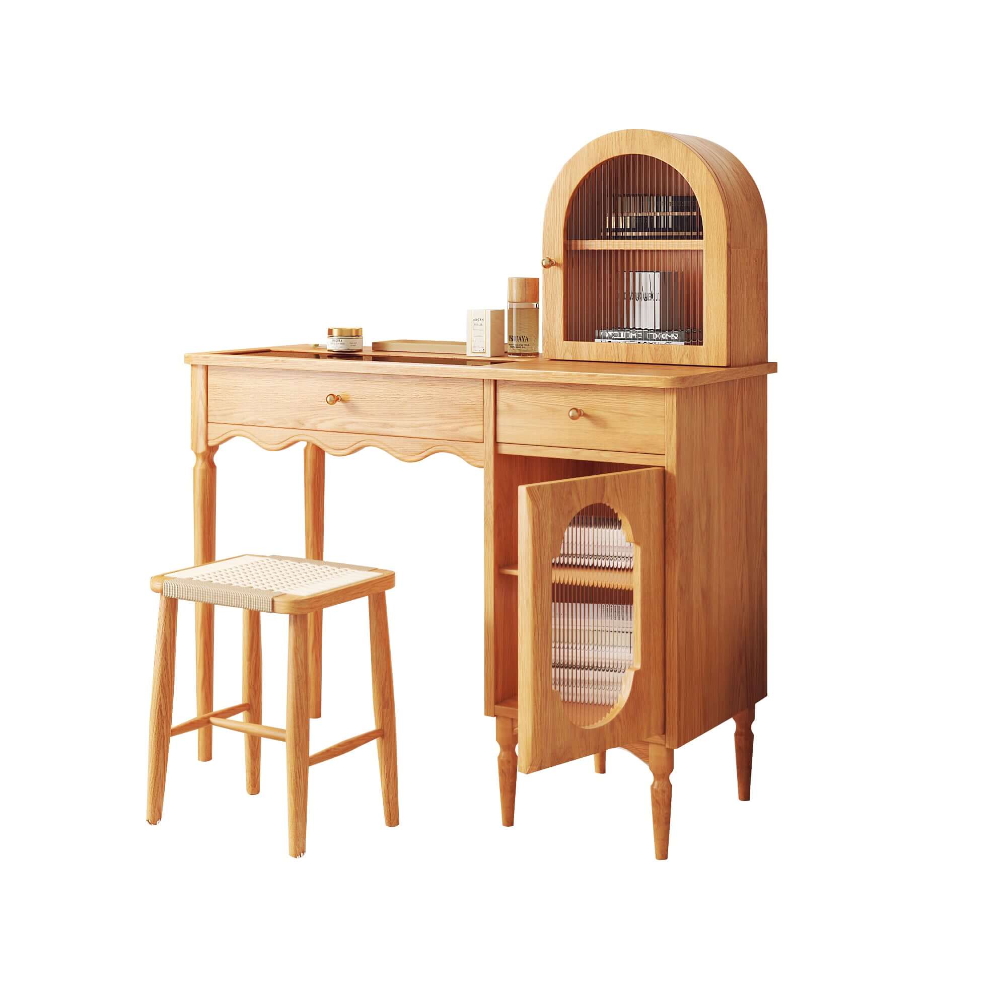 Wooden makeup vanity set featuring jewelry storage and a side cabinet for organization