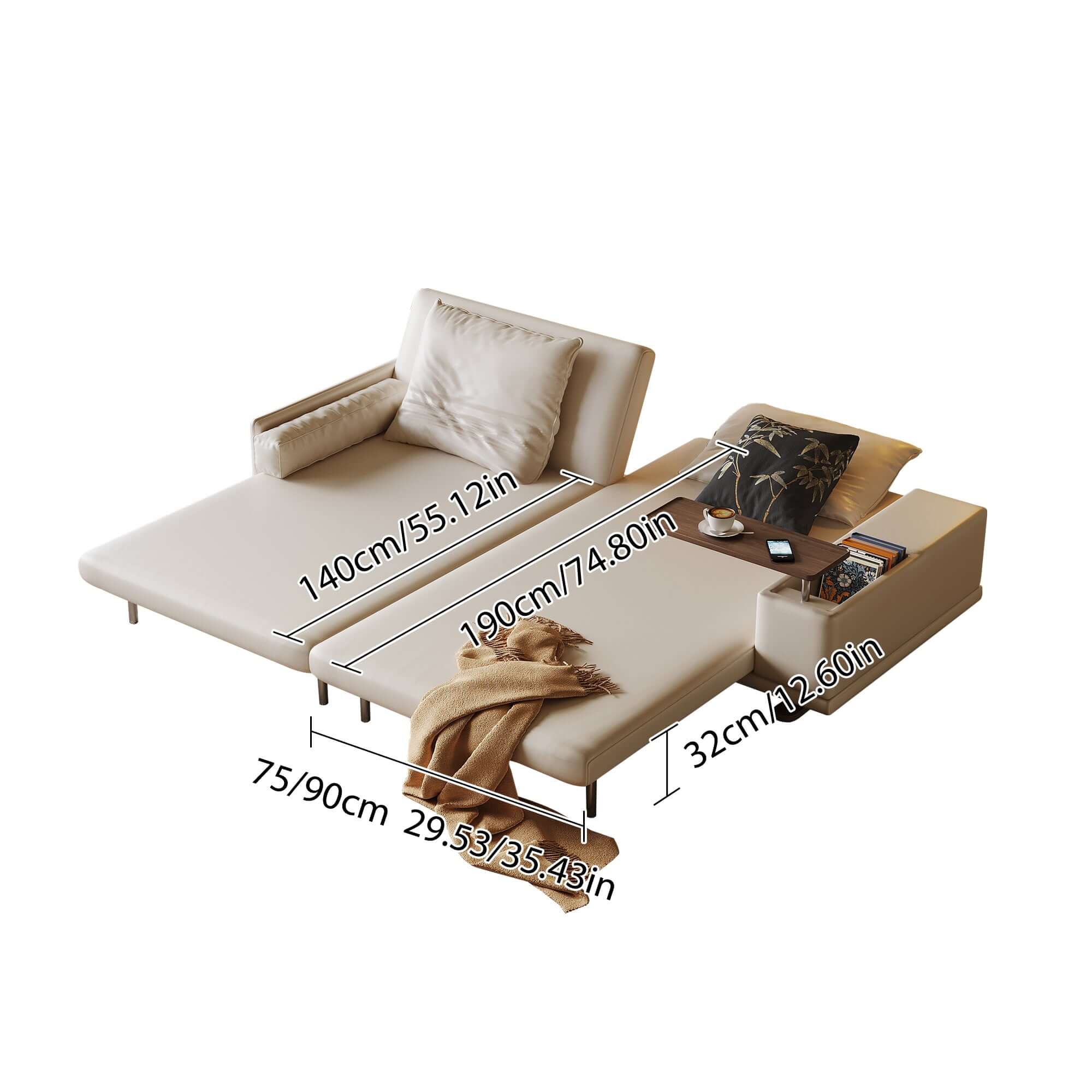 Modern minimalist folding sofa bed with reversible armrests and adjustable side table for versatile living spaces