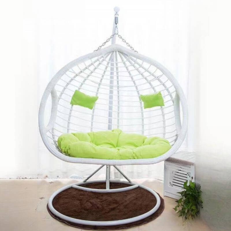 Two-seater metal porch swing egg chair with stand, cushions, and chain included