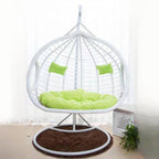 Two-seater metal porch swing egg chair with stand, cushions, and chain included