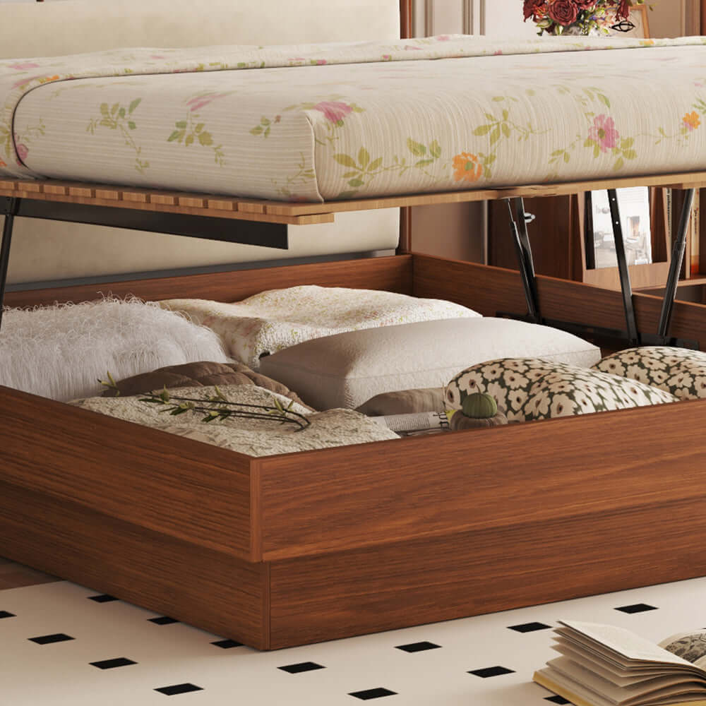 Solid wood vintage floating storage bed with large under-bed drawers for extra space