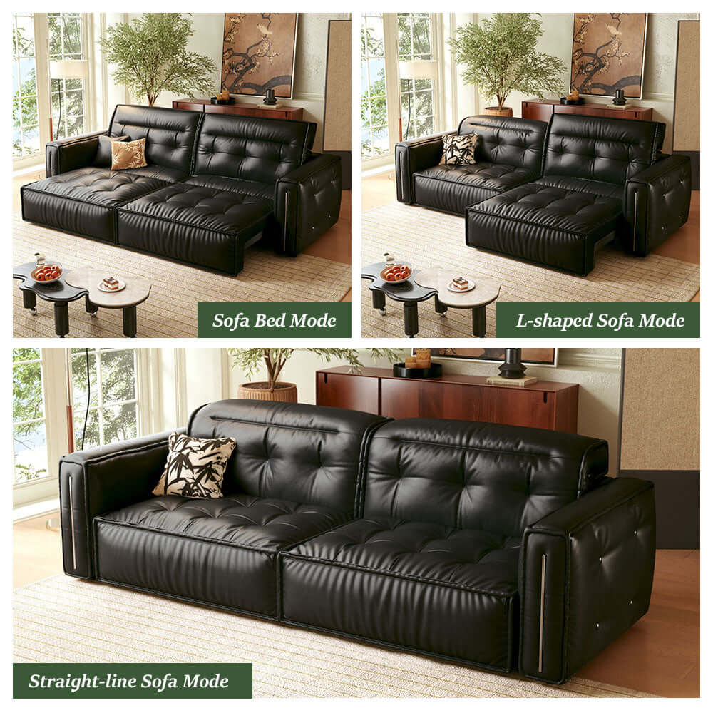 Retro leather pull out couch bed with electric smart remote, convertible for space-saving comfort