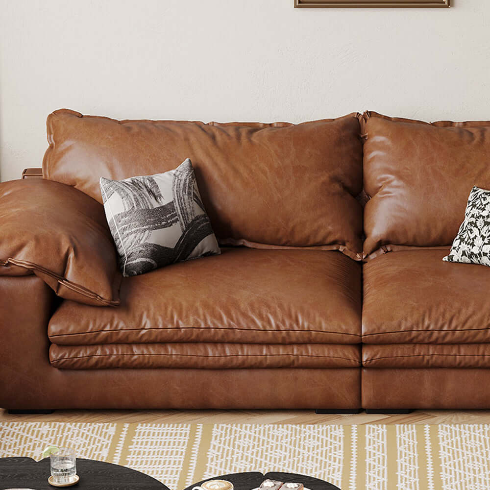Brown vintage faux leather sofa for living room with classic design and comfortable seating