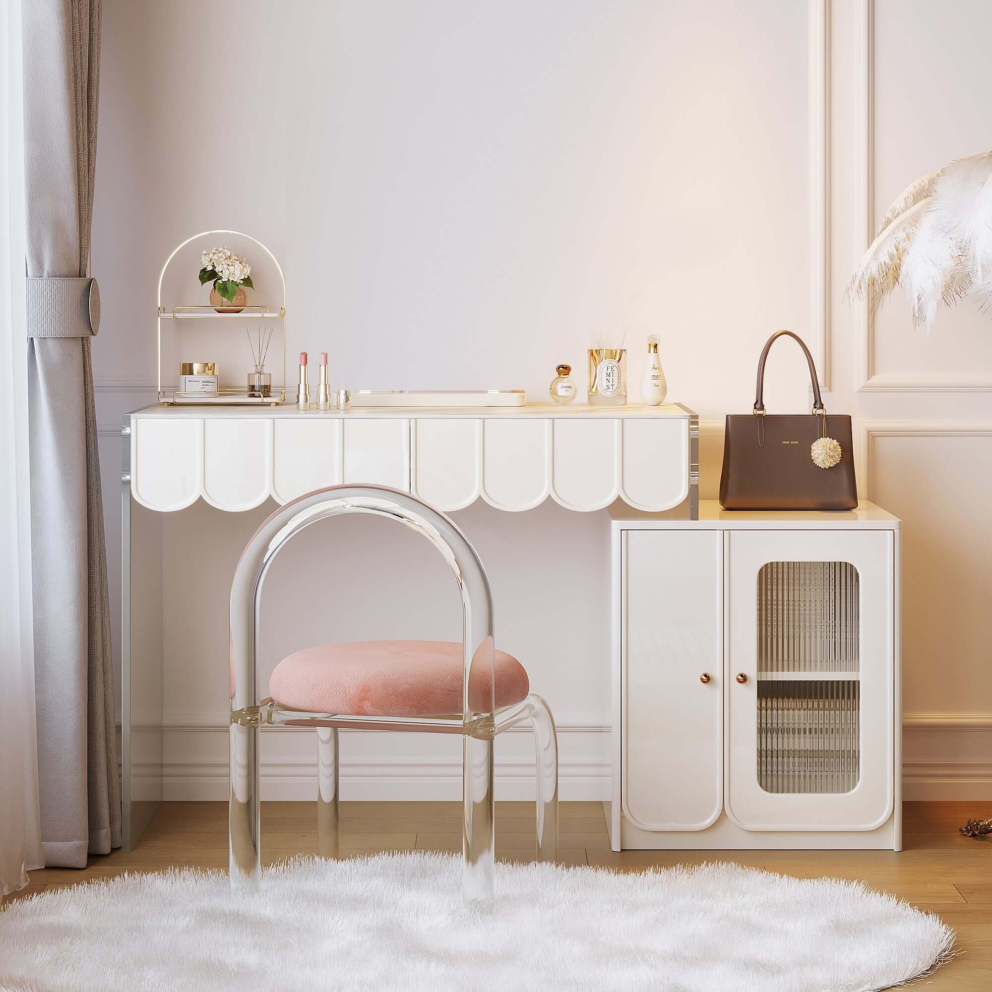 White modern makeup vanity featuring drawers and a side cabinet for organized storage