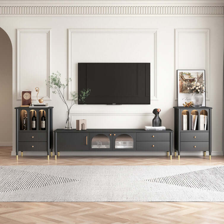 Modern wood TV stand cabinet featuring a glass door for stylish storage and display