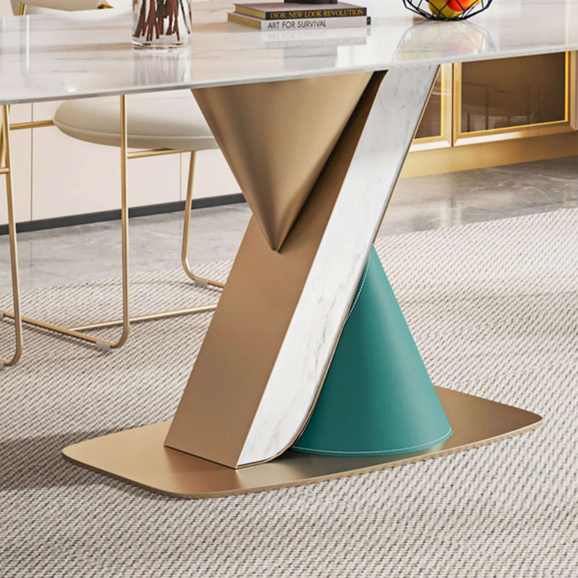 White rectangular dining table with sintered stone top, seating 6 people