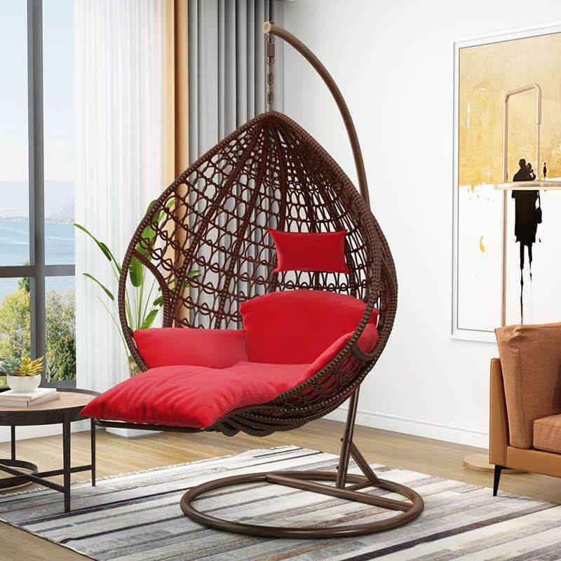 Magenta and sepia porch swing egg chair with alloy stand, chain, cushions, and 2-person seating