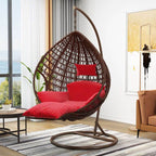 Magenta and sepia porch swing egg chair with alloy stand, chain, cushions, and 2-person seating