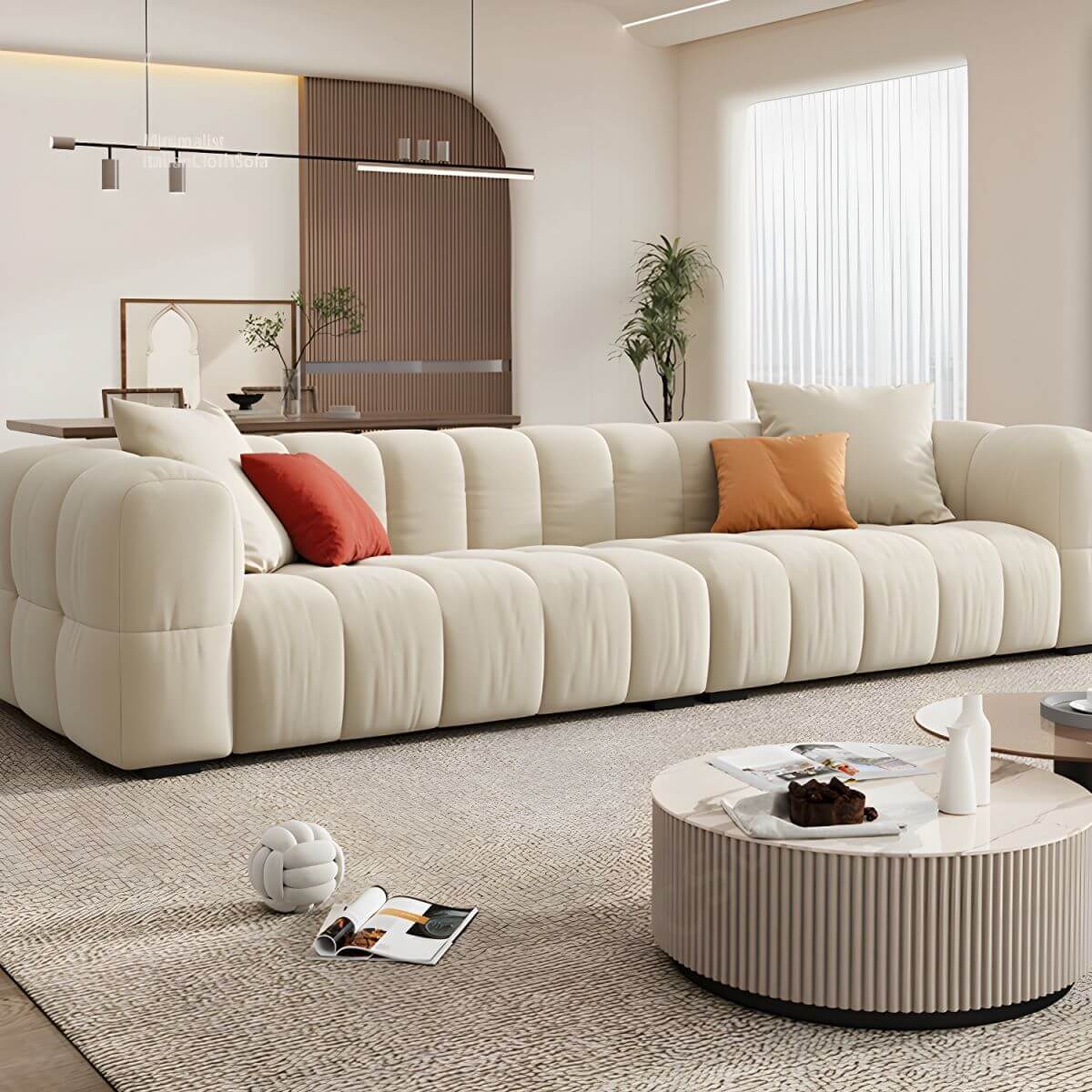 Beige upholstered wood sofa with square arms and sewn pillow back for modern living rooms main product image Hauptbild