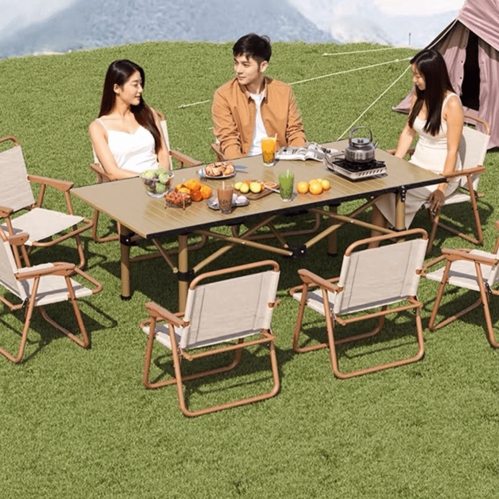 Foldable outdoor dining set with chairs and table, ideal for camping and backyard BBQs