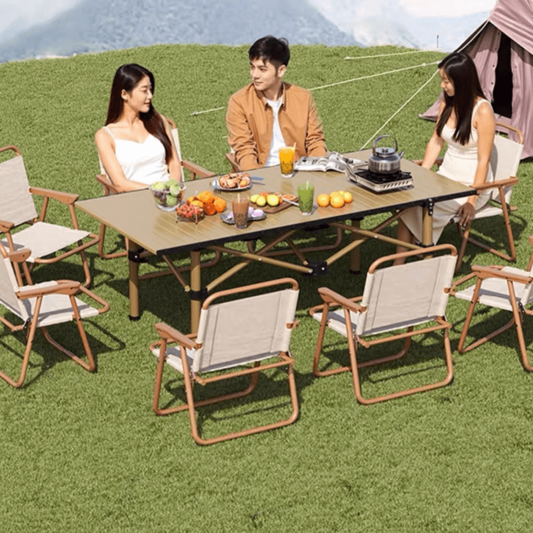 Foldable outdoor dining set with chairs and table, ideal for camping and backyard BBQs