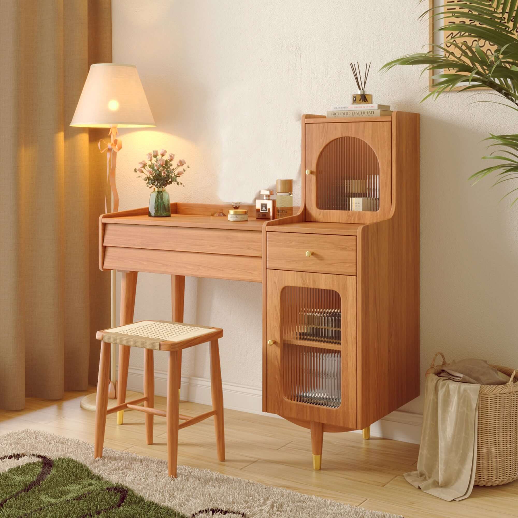 Wooden storage dressing table with adjustable side cabinet for versatile organization