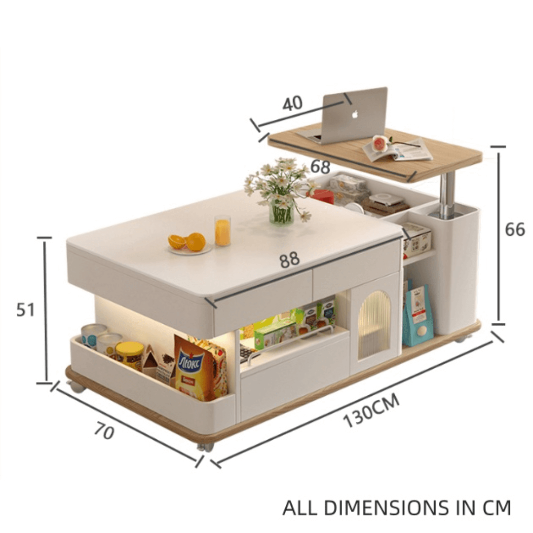 Cream lift-top coffee table with smart storage and easy mobility for modern living rooms