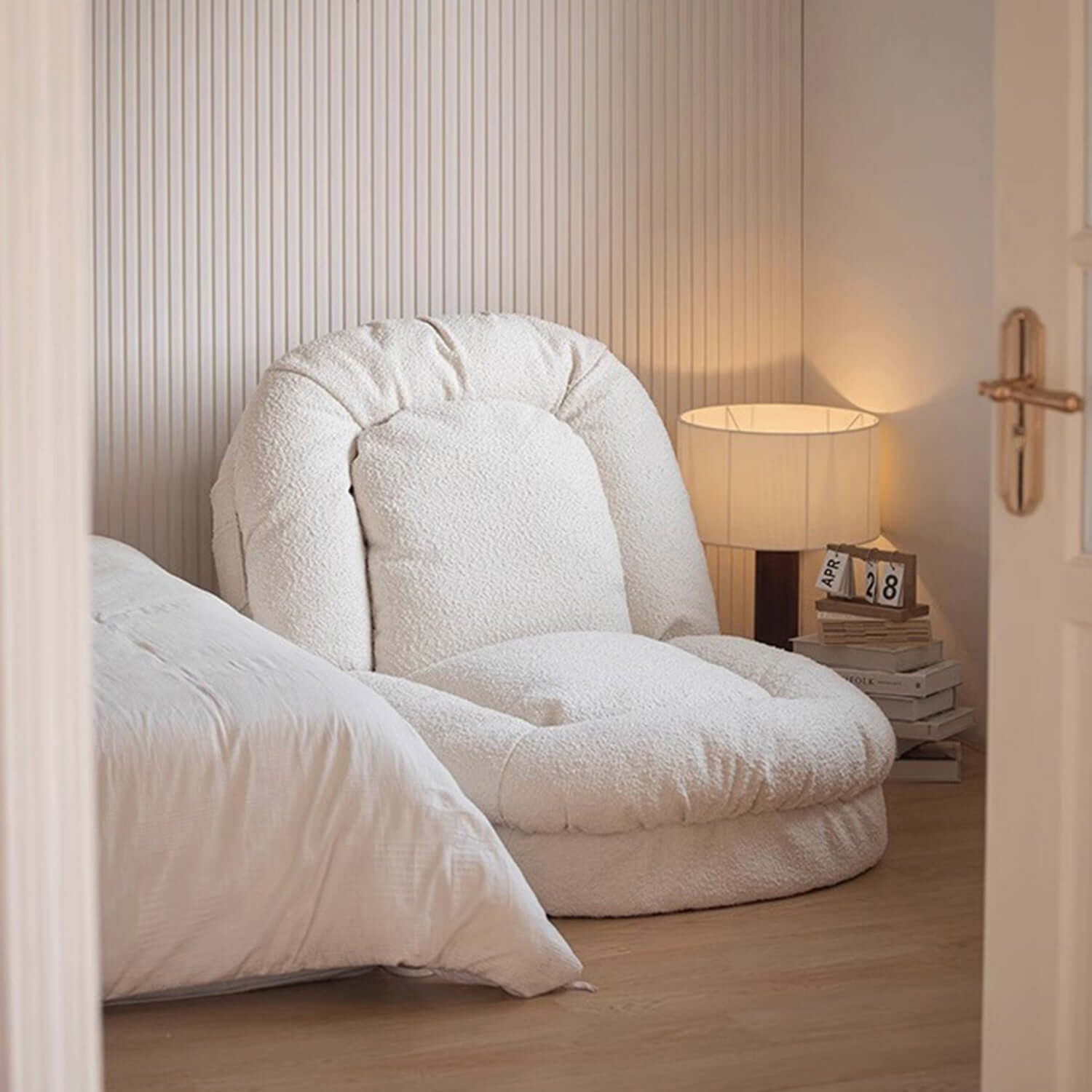 Beige modern convertible sleeper sofa bed with soft teddy velvet upholstery