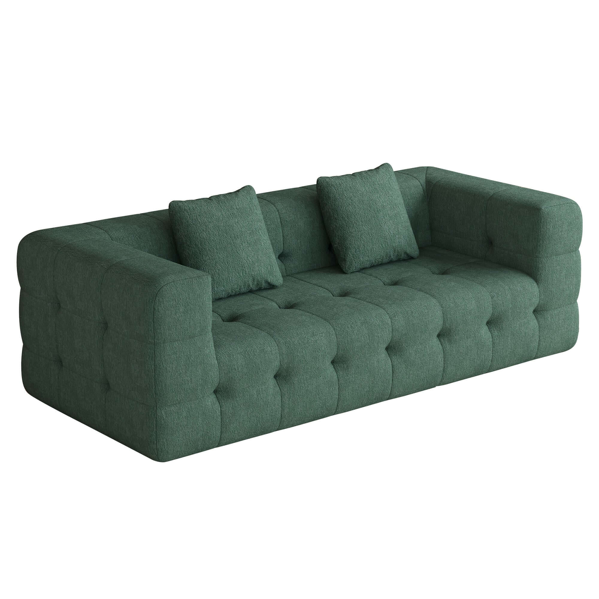 Green love seat sofa upholstered in soft chenille velvet fabric, perfect for modern living rooms