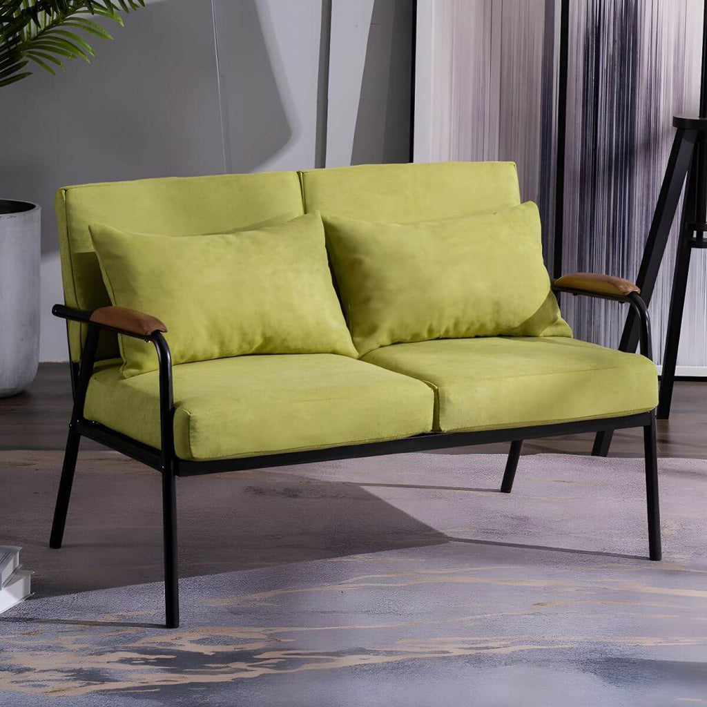 Mid century modern 2-seater sofa with black metal frame and solid wood arms