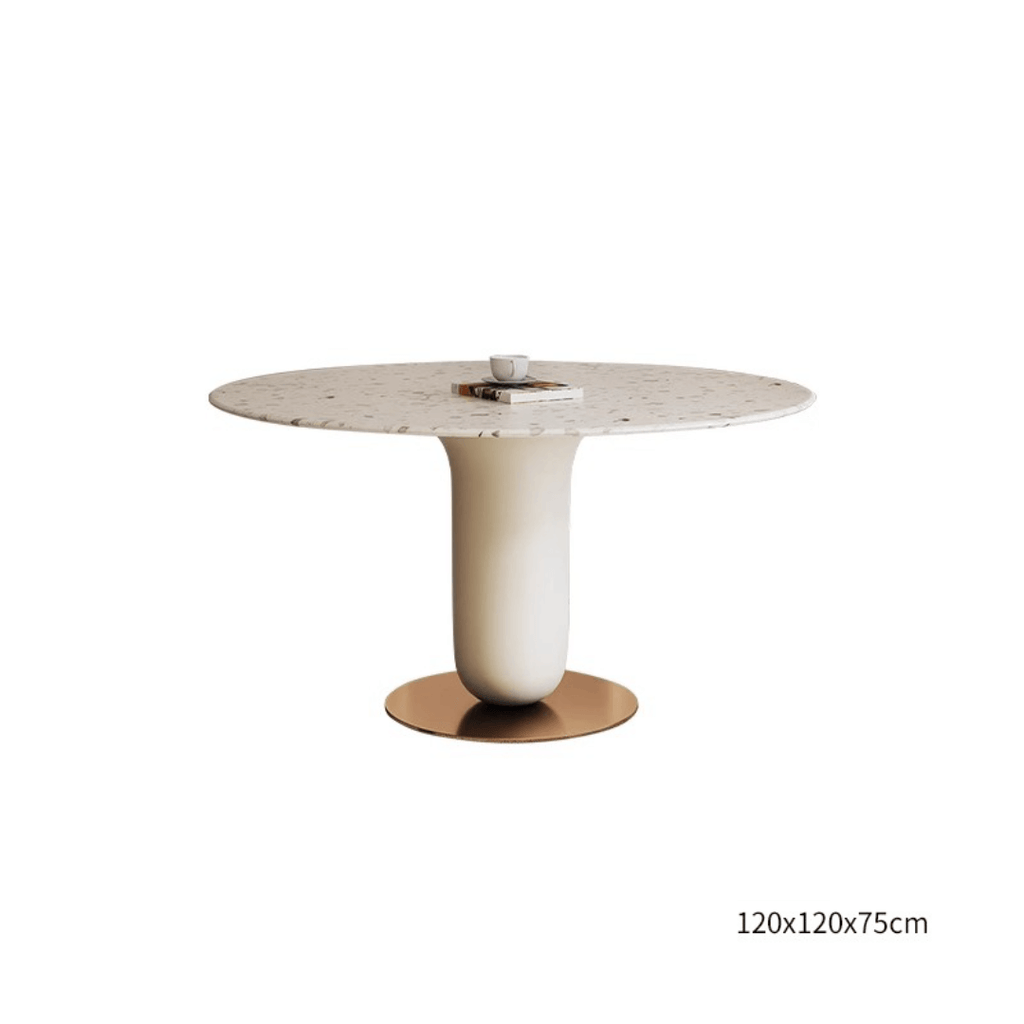 Round terrazzo dining table featuring a stylish wooden and metal base for elegant interiors