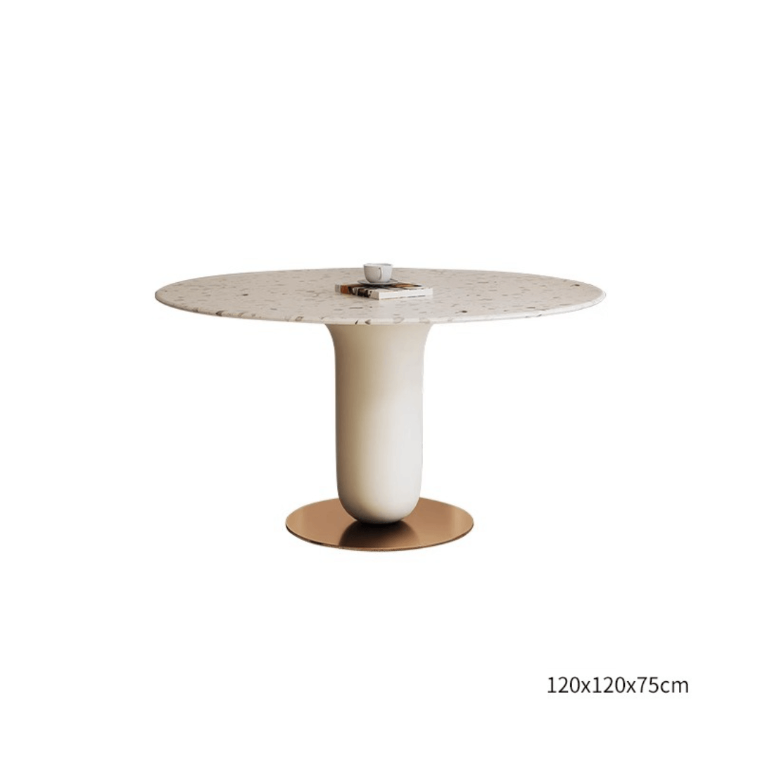 Round terrazzo dining table featuring a stylish wooden and metal base for elegant interiors