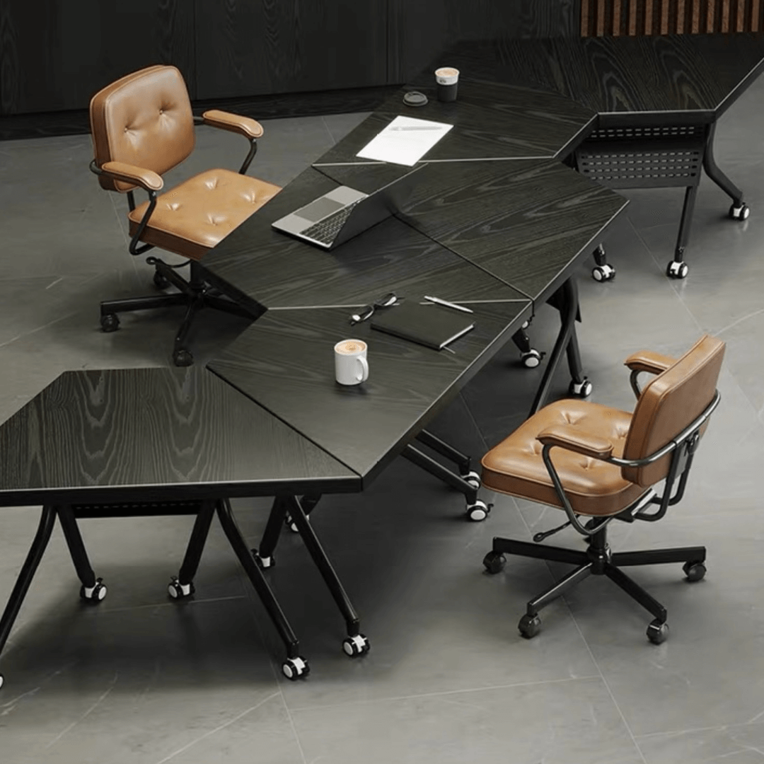Black folding conference table with 360-degree casters for flexible workspace setups