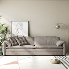 Gray Scandinavian sofa bed with fabric upholstery and coir faux leather sleeper, 69 inches long