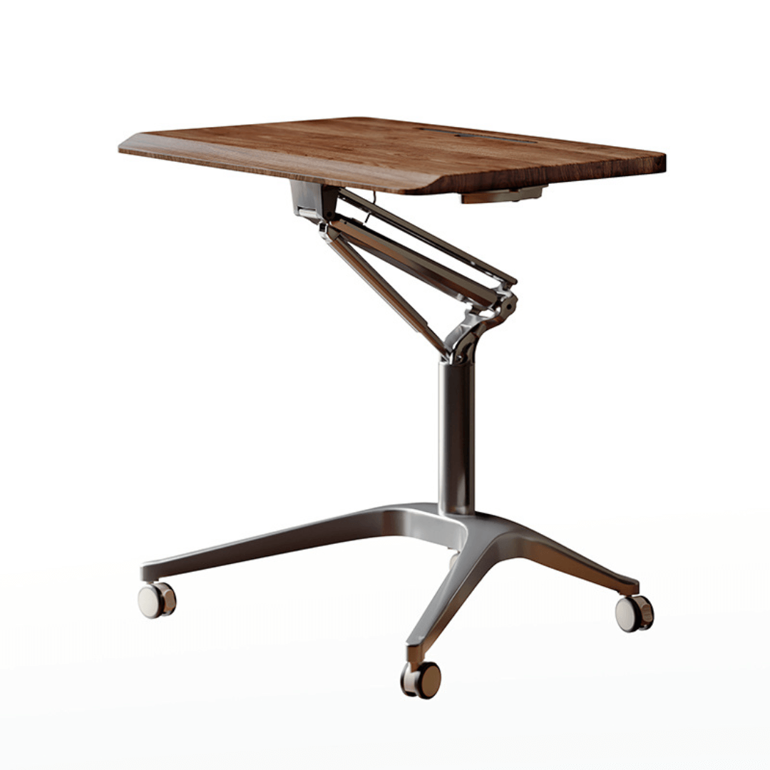 Mobile ergonomic standing desk with premium aluminium alloy frame and warm wood finish