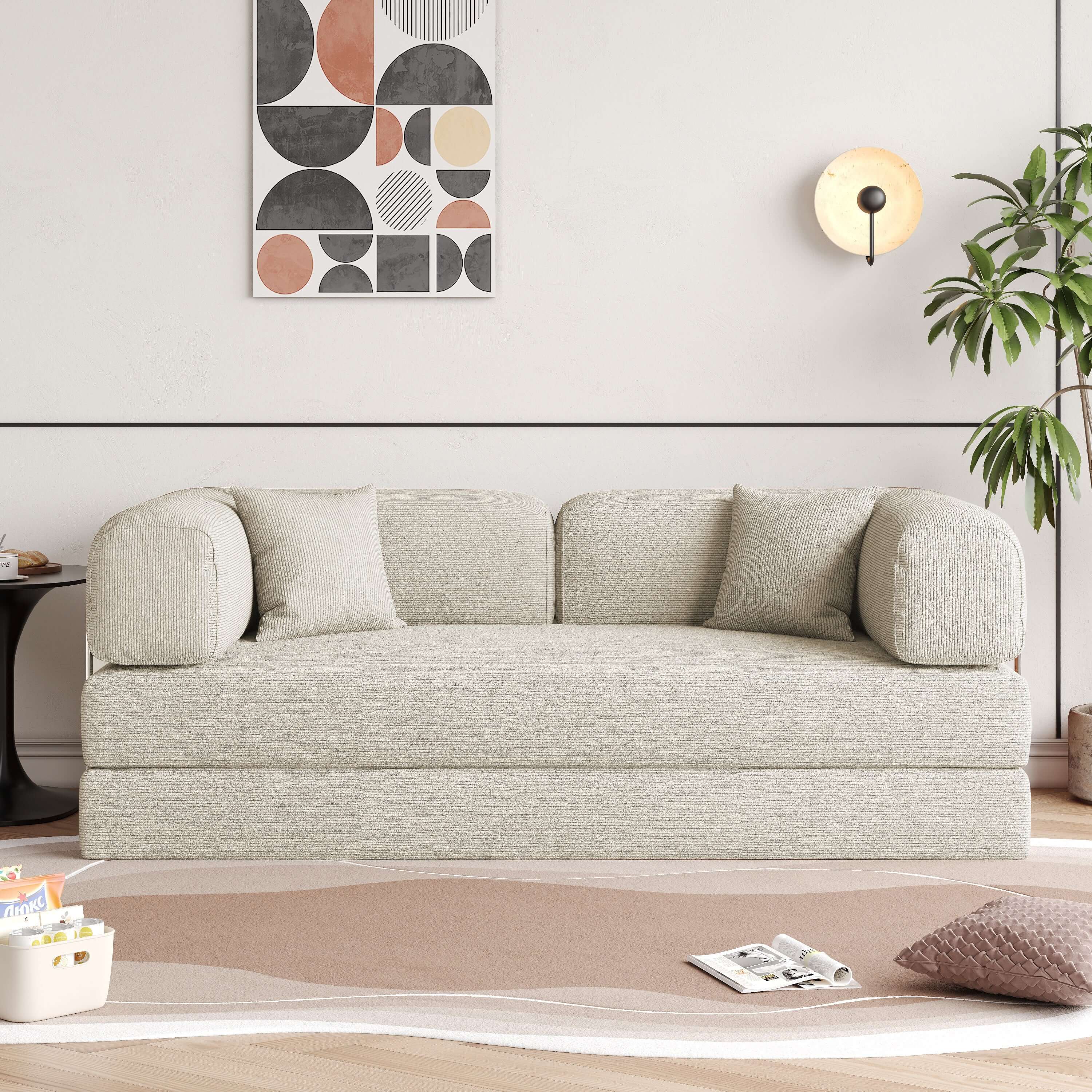 Convertible sofa bed upholstered with soft corduroy fabric, measuring 78.7 inches