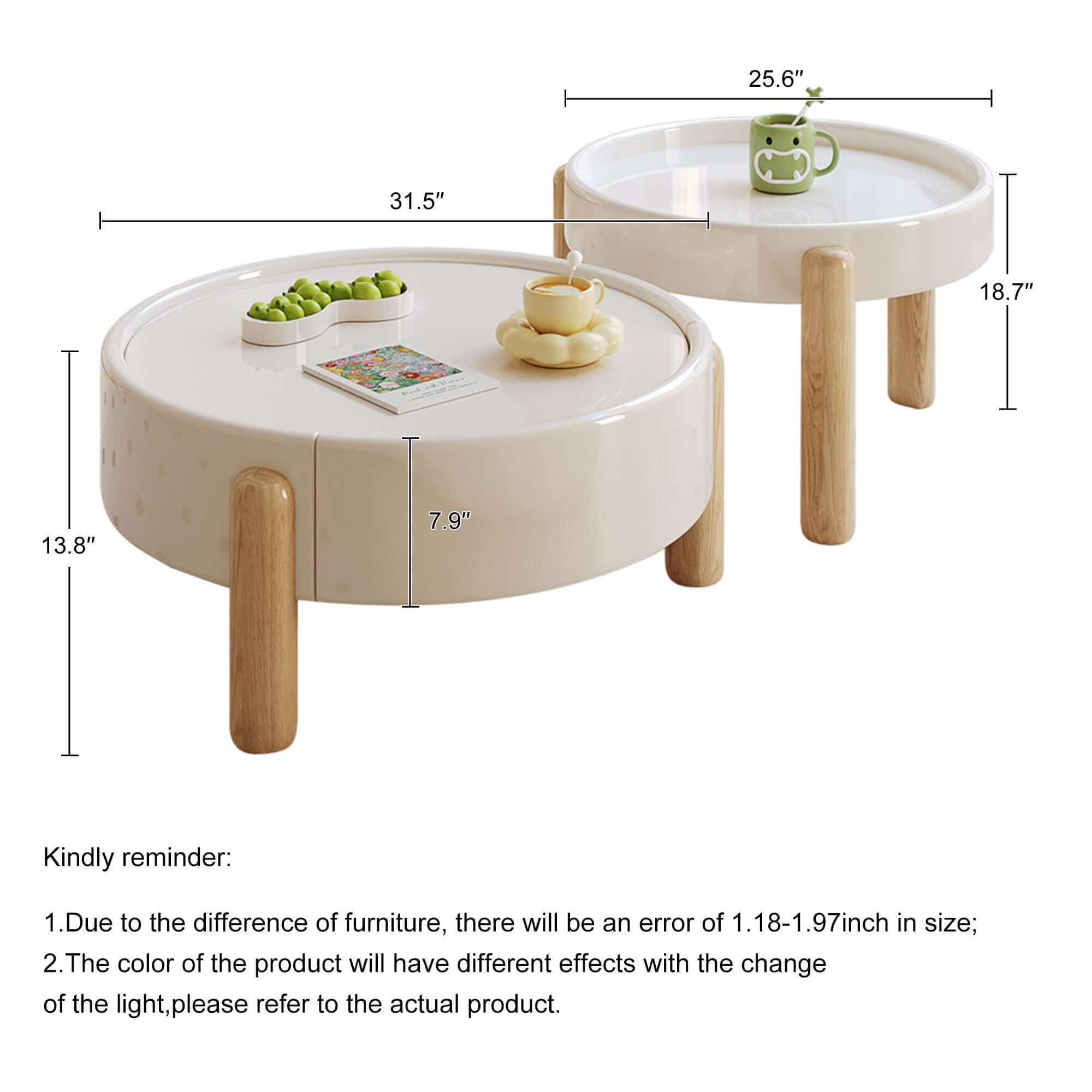 Modern 2-piece round nesting coffee table set with drawer and three legs