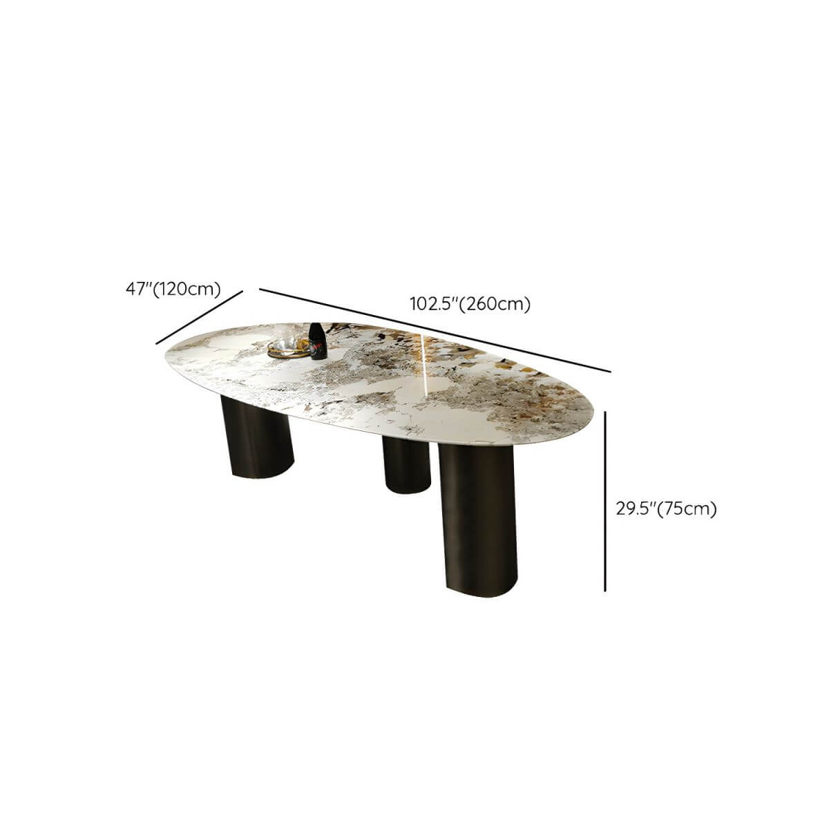Oval marble dining table with white top and three gold steel legs