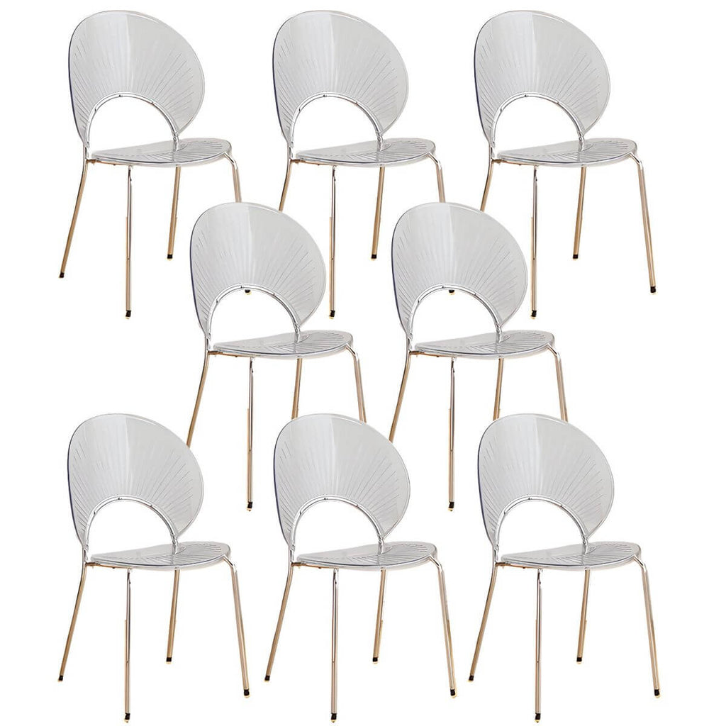 Stackable acrylic dining chair with open back and metal legs, armless design for modern dining rooms