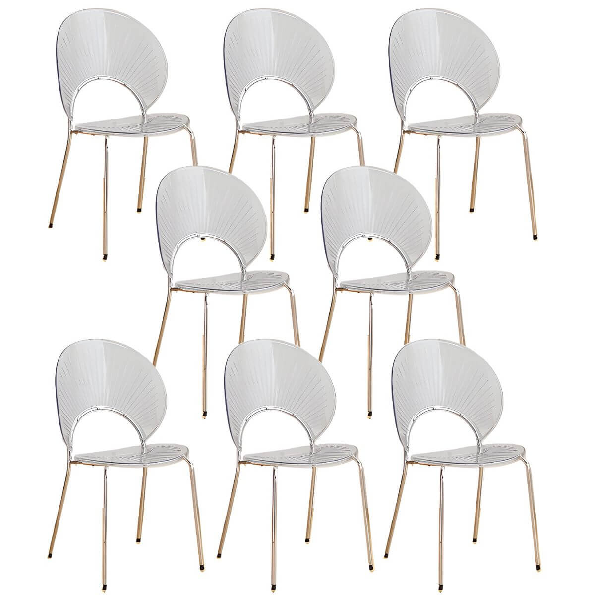 Stackable acrylic dining chair with open back and metal legs, armless design for modern dining rooms