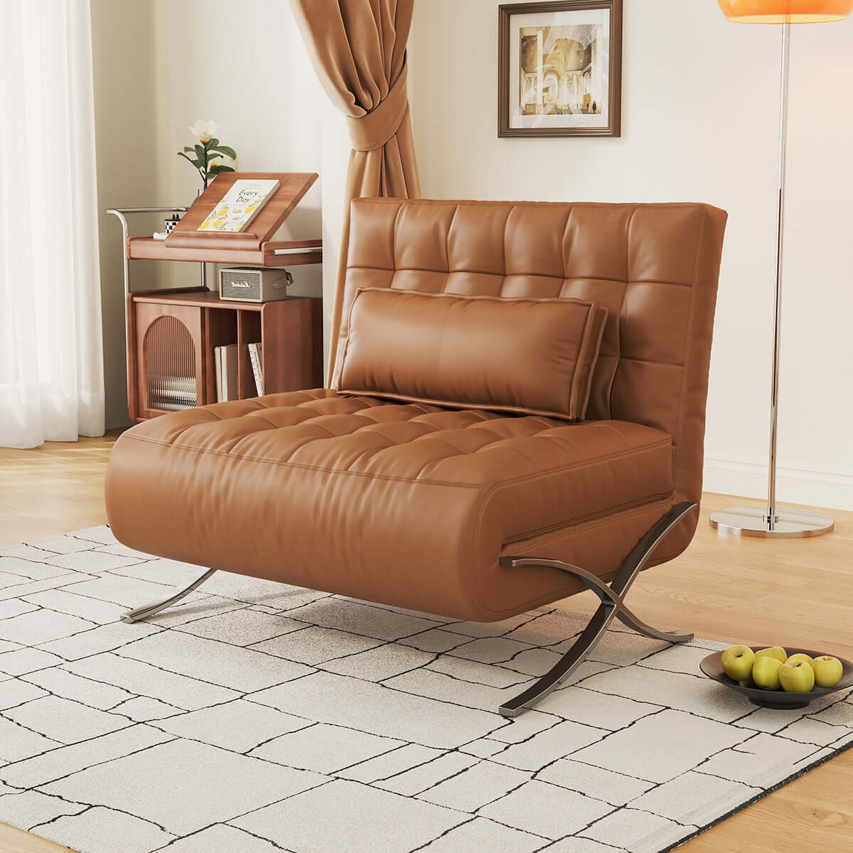 Retro leather Barcelona sofa chair with metal legs, featuring a lazy design for comfort