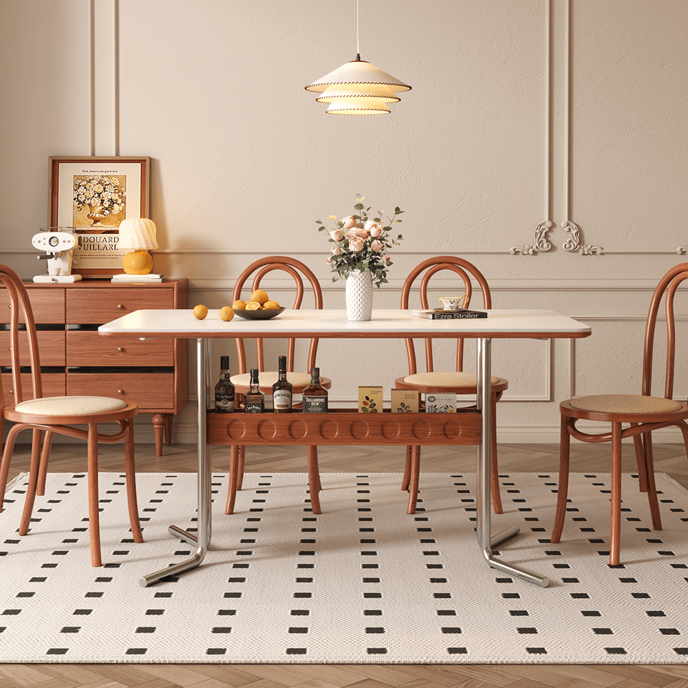 Square vintage dining and desk combo table with slate top, storage, and stainless steel legs