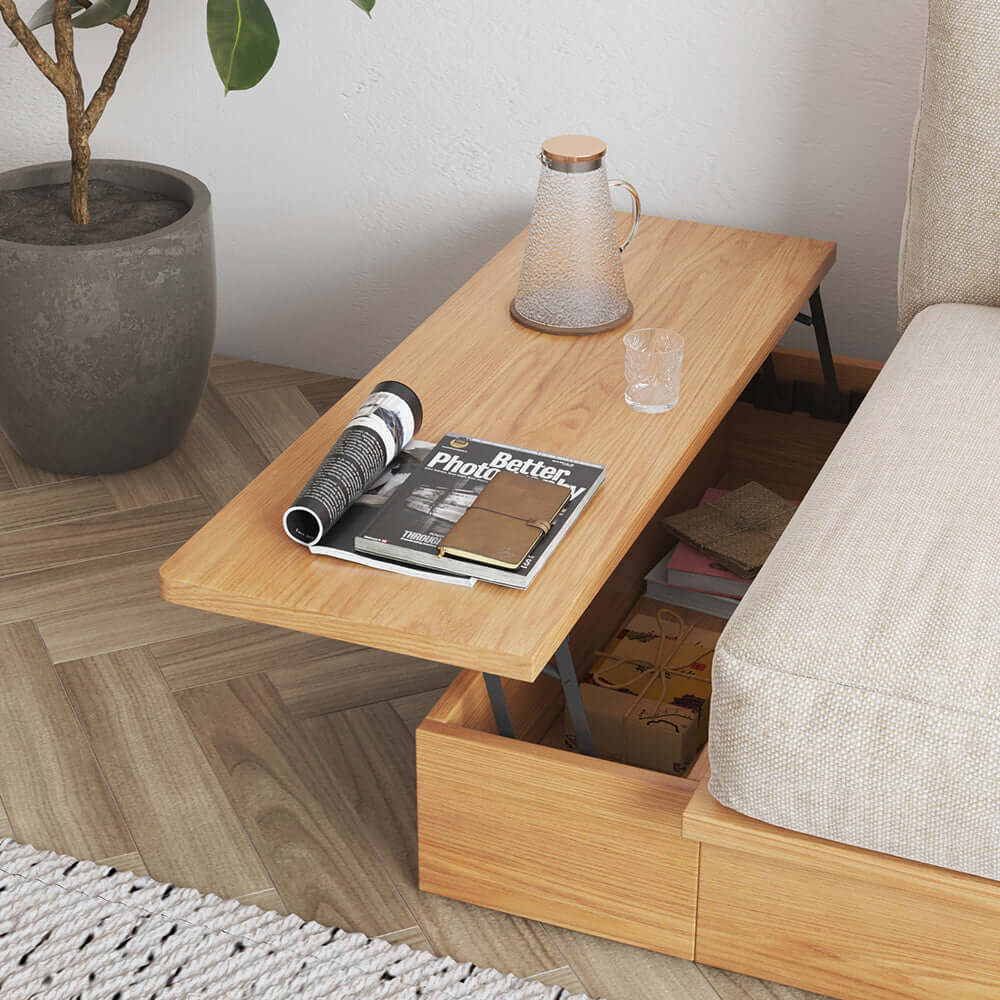 Beige folding sofa bed with solid wood frame and upholstered cotton linen cushions