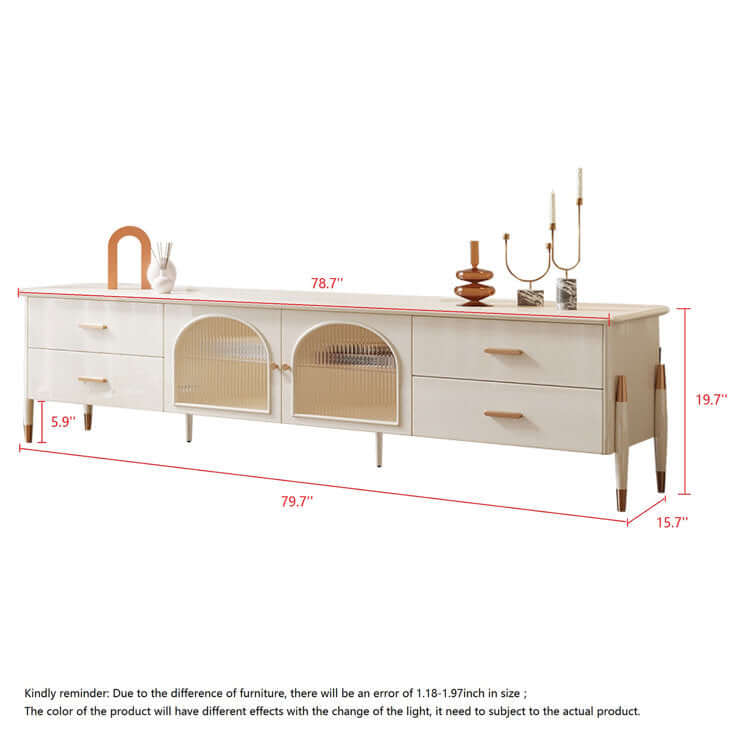 Beige modern TV stand with glass doors, LED lighting, and four storage drawers