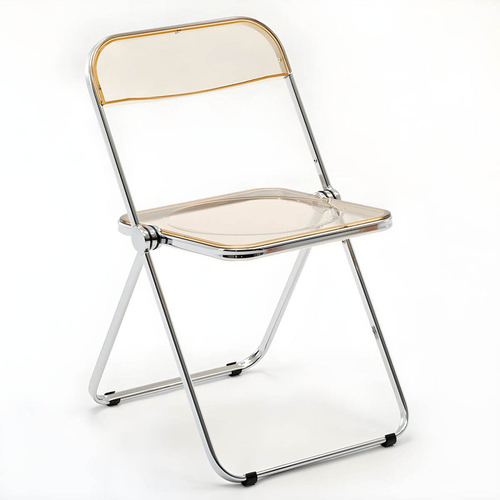 Scandinavian style dining chair with silver metal legs and plastic acrylic seat