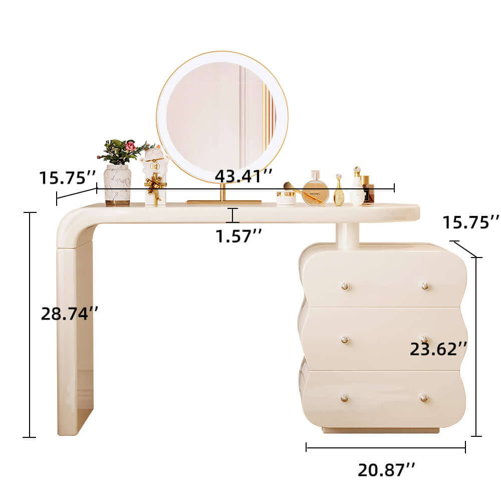 White makeup vanity featuring an adjustable side cabinet with three drawers for storage