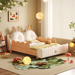 Lit Enfant en Bois Massif avec Coussin Cartoon Lapin & Garde-Corps