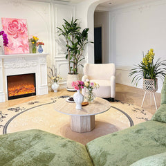 Japandi Round Coffee Table - Beige Travertine & Premium Wood